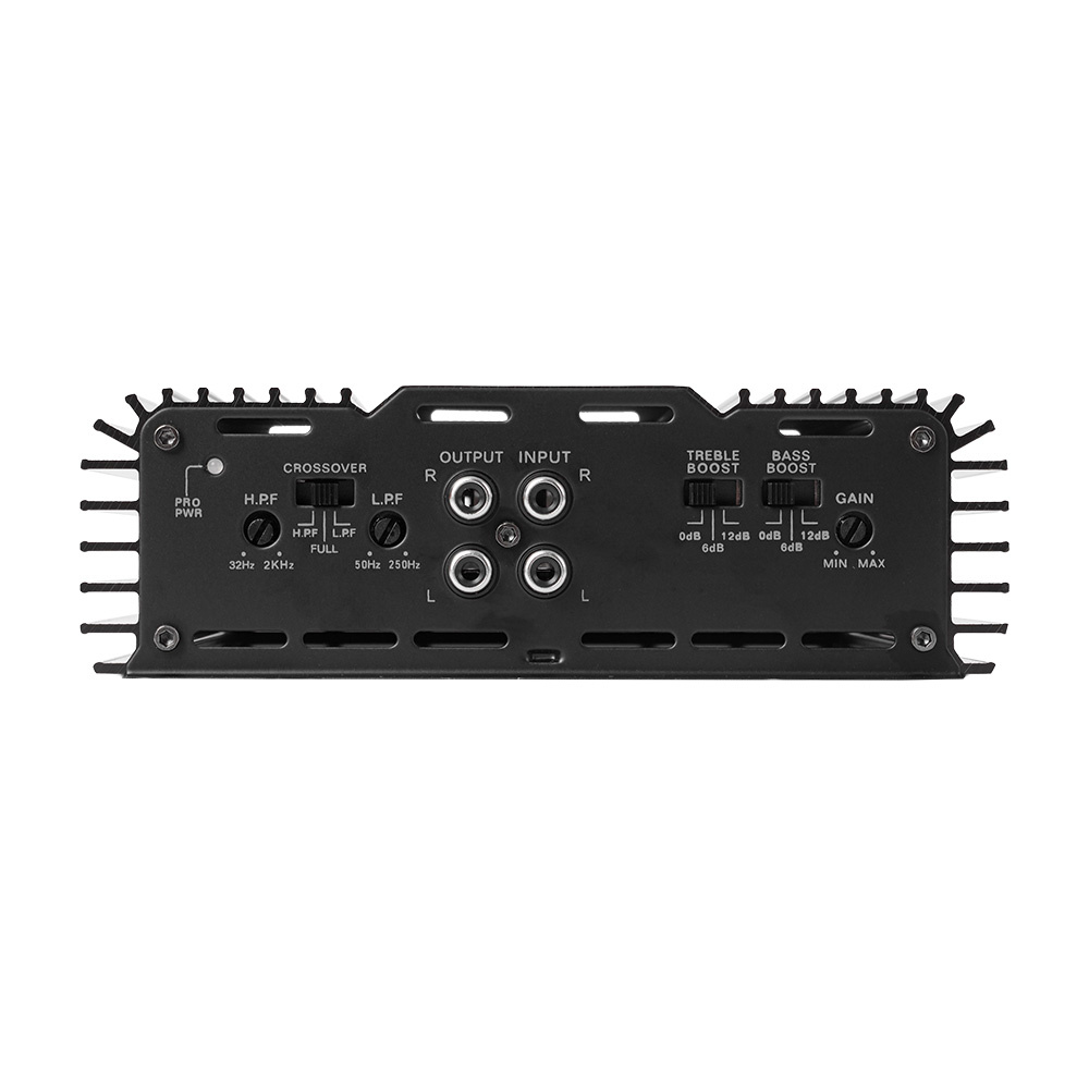 Ett tvåkanaligt slutsteg med justerbara kontroller och anslutningar.