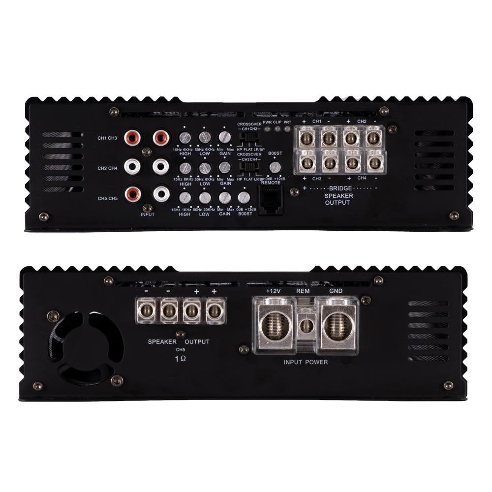 Femkanals förstärkare med anslutningar för ljud och ström.