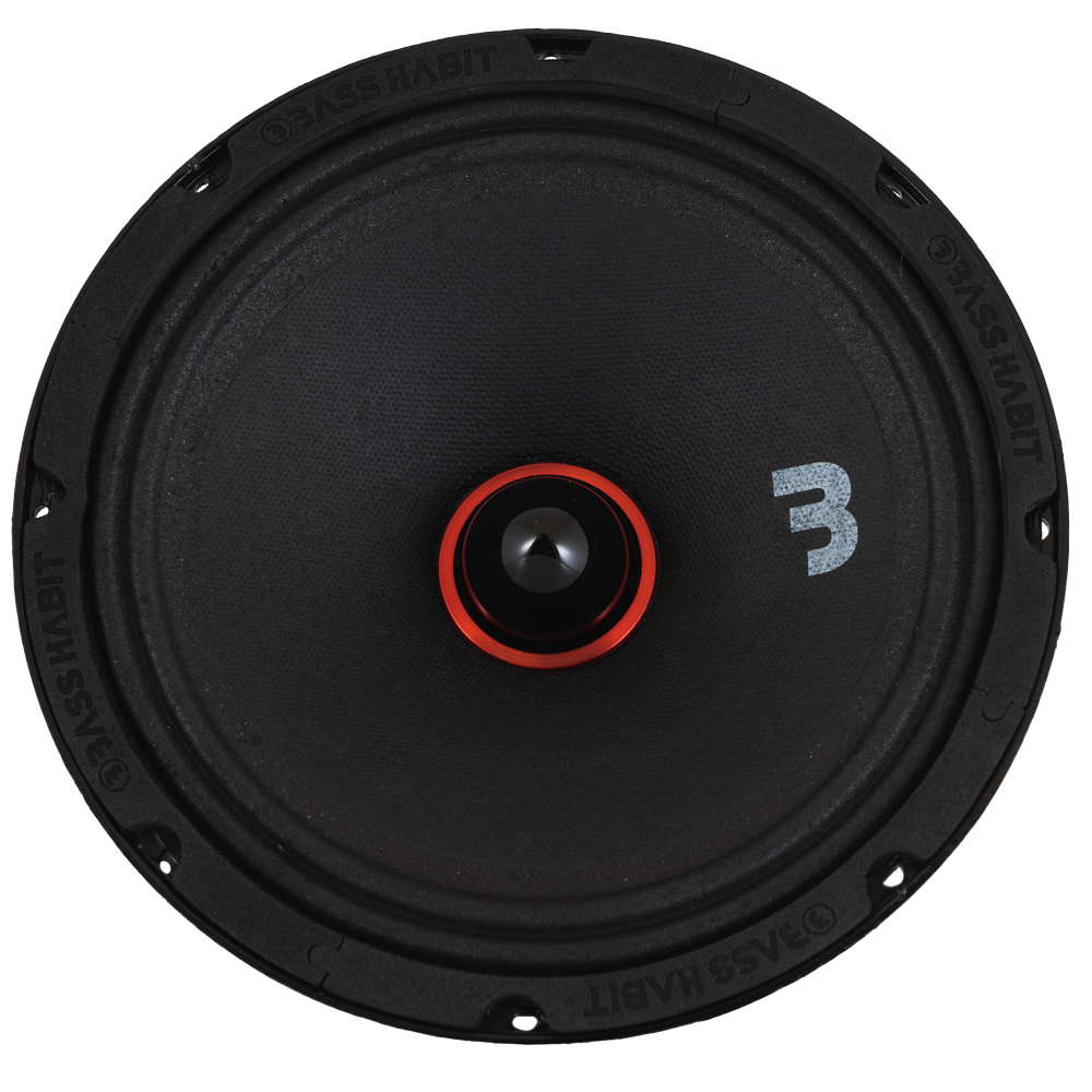 8-tums midbas högtalare med svart cono och röd detaljer.