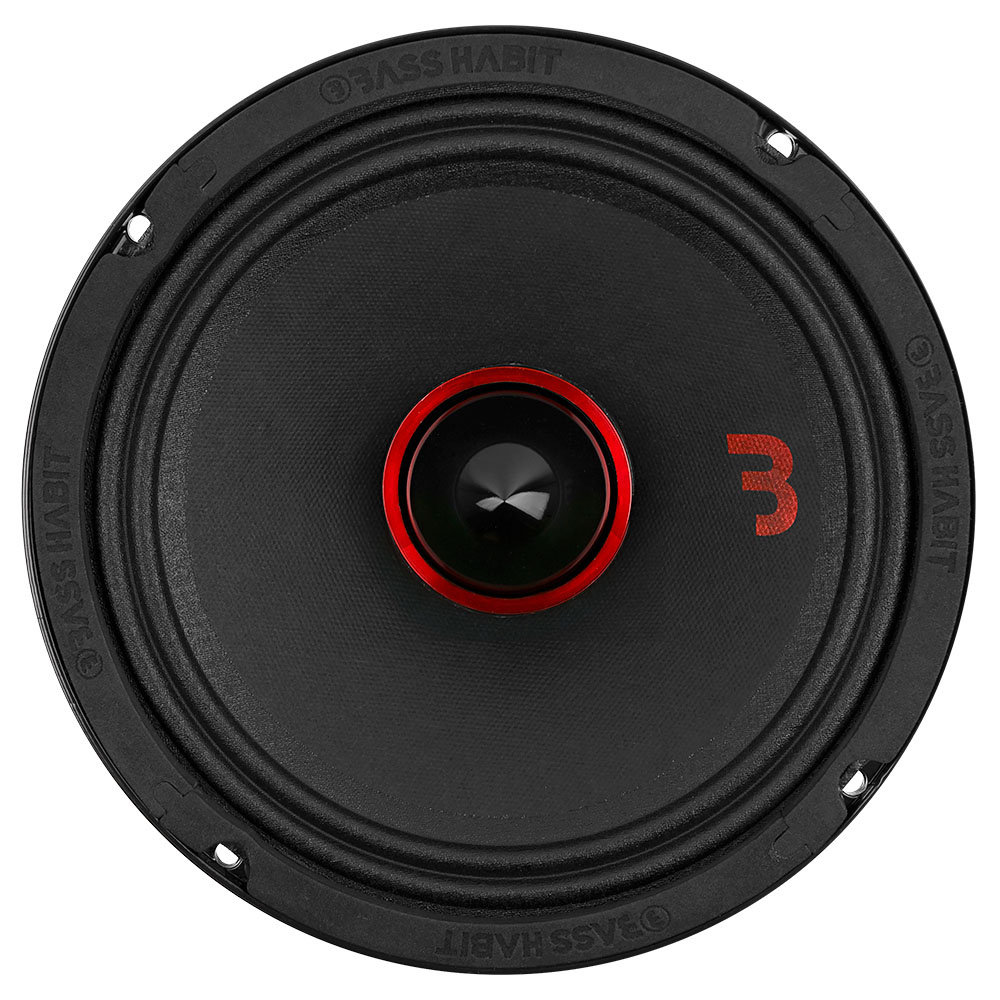 En 8-tums midbas med röd detalj och svart gummibeklädnad.