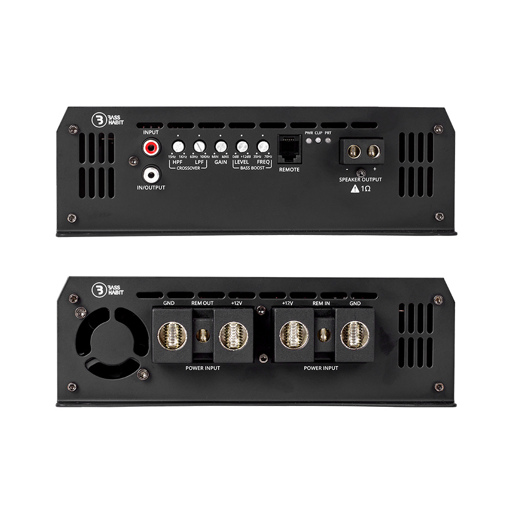 Monoblock förstärkare med in- och utgångar, inställningskontroller och kraftfull design.