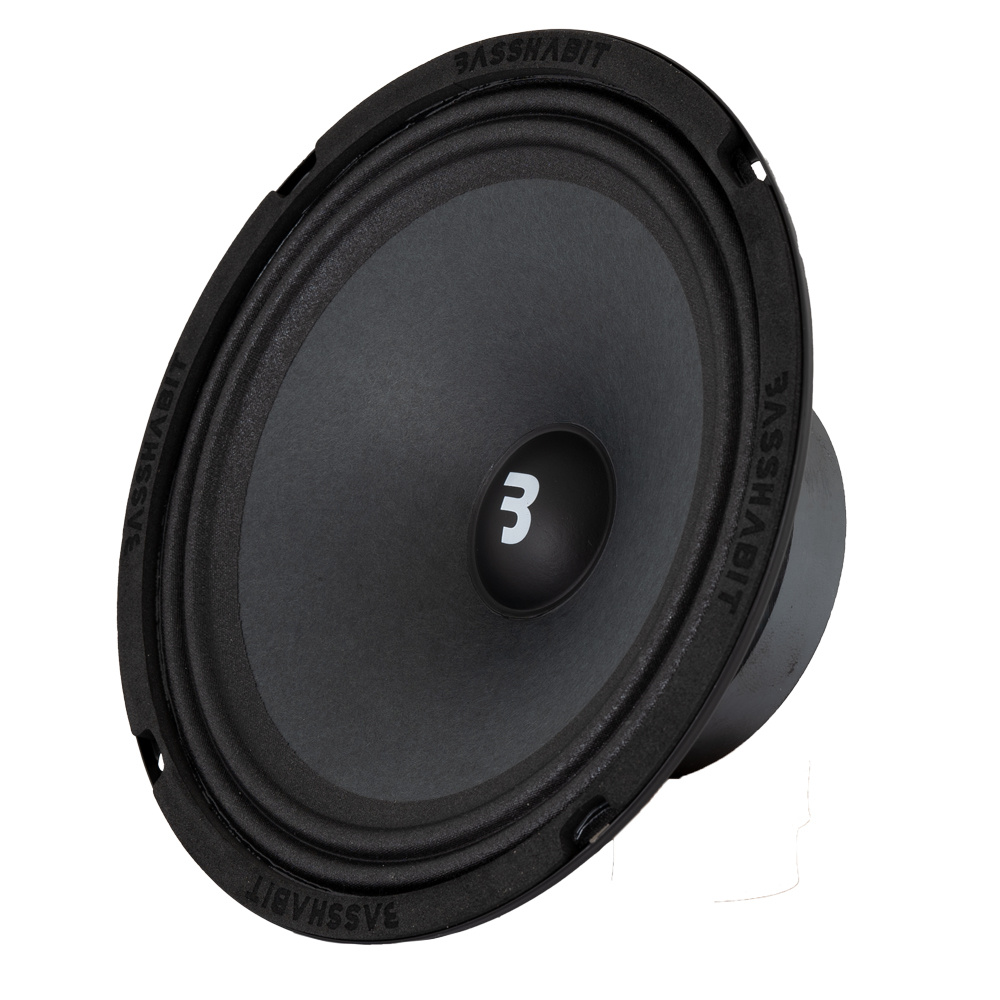 En rund högtalare med 8 tums midbas och svart kon.