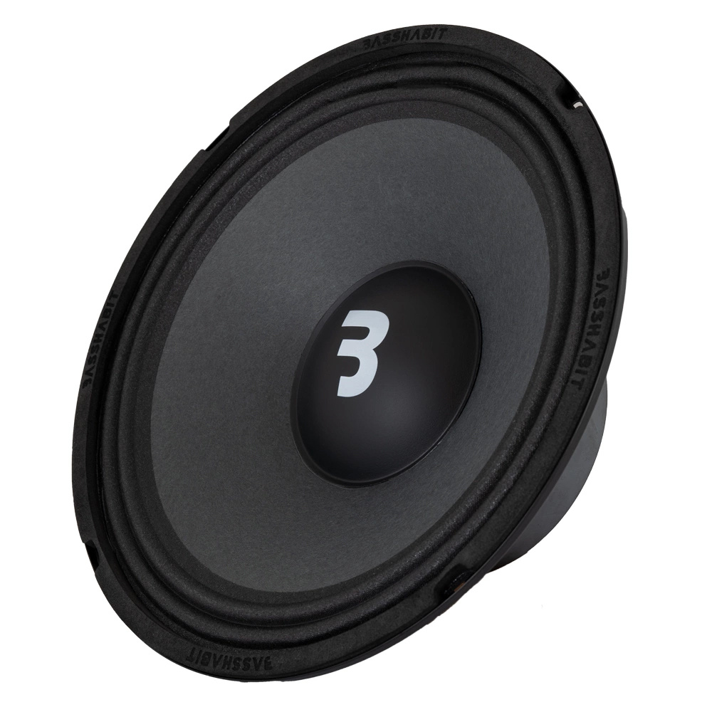 En 10-tums midbas högtalare med svart kon och logotyp.