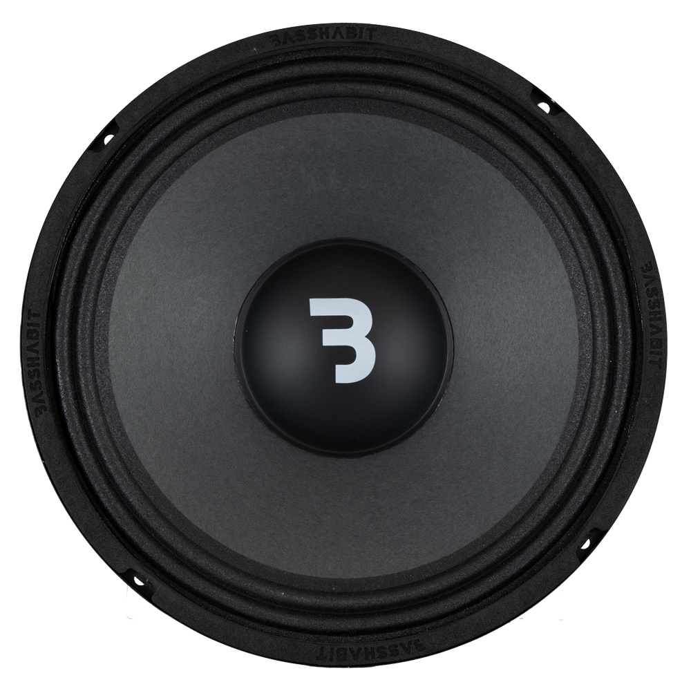 10-tums midbas med svart kon och logotyp i centrum.