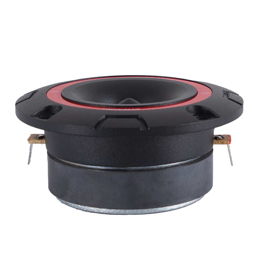 En svart och röd högtalardiskant med anslutningar.