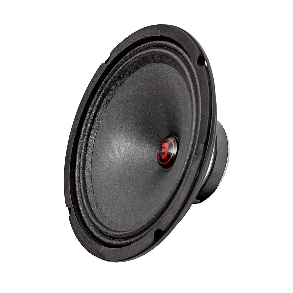 En svart 8-tums midbas med en kon och röd logotyp.