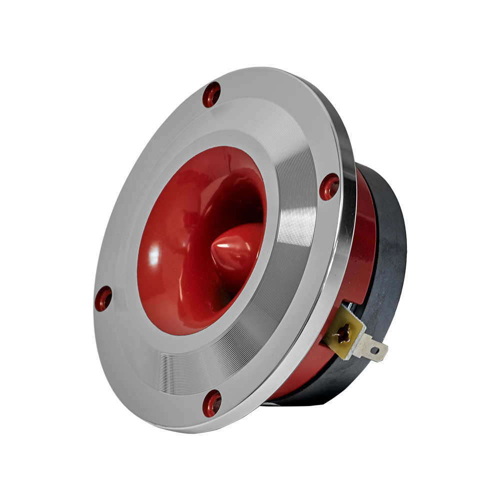 Diskant med röd och silverfärgad finish, avsedd för ljudsystem.