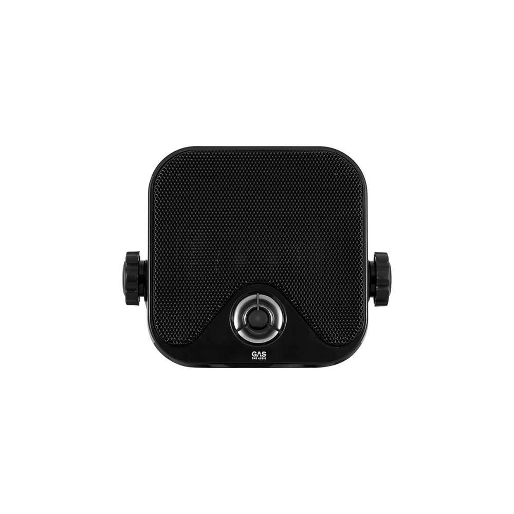 Svart 2-vägs lådhögtalare med nätgaller och kontroller.