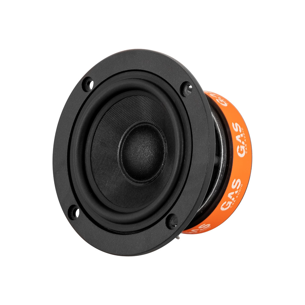 Högtalare med svart front och orange GAS-logotyp, designad för bilstereo.