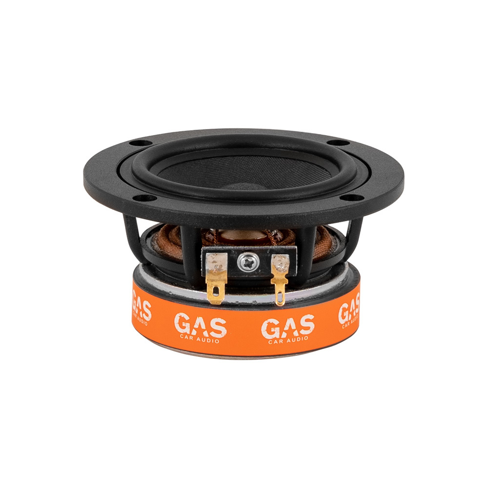 En bilhögtalare med svart och orange design.