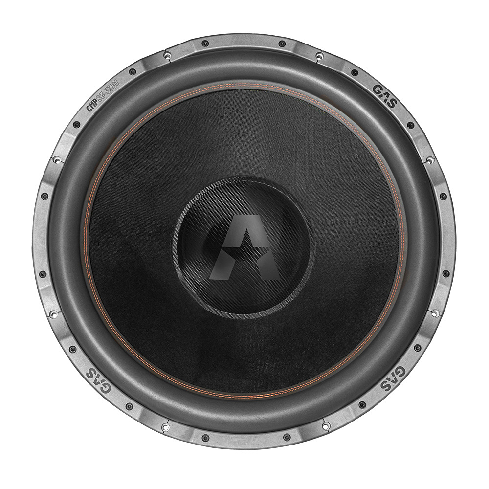 Bas högtalare med en svart membran och metallram, märkning i mitten.