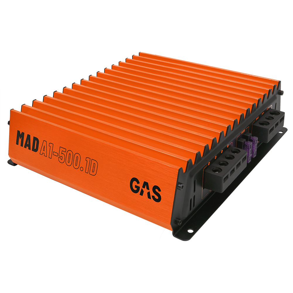 Orange monoblock förstärkare med kylflänsar, modell GAS MAD A1-500.1D.
