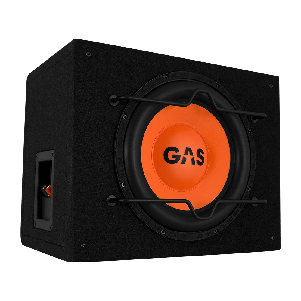 Svart baslåda med orange högtalare, modell GAS MAD B1-110, 1x10 tum.
