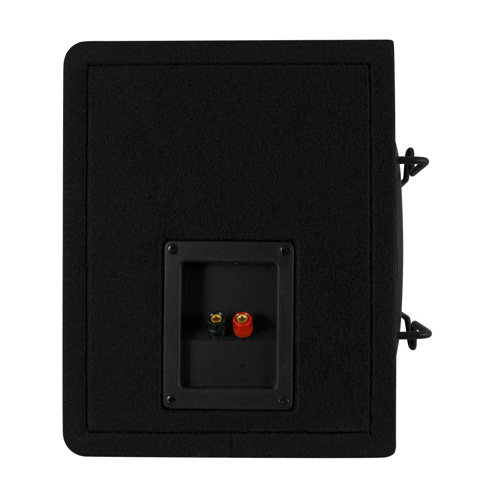 Svart baslåda med anslutningar för ljudutrustning.