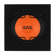 GAS MAD B1-112, 1x12 tum baslåda En svart baslåda med en orange subwoofer och GAS-logotyp.
