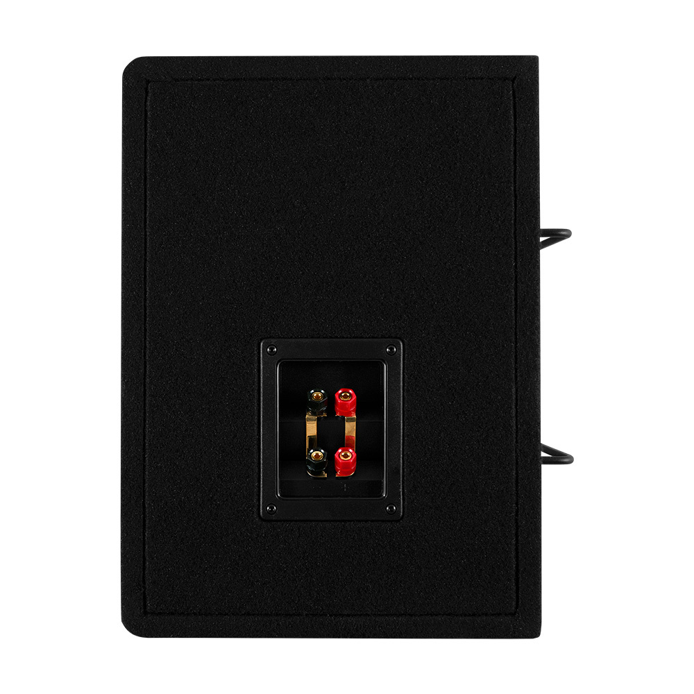 Svart baslåda med dubbla 12-tums högtalare, bakre anslutningar.