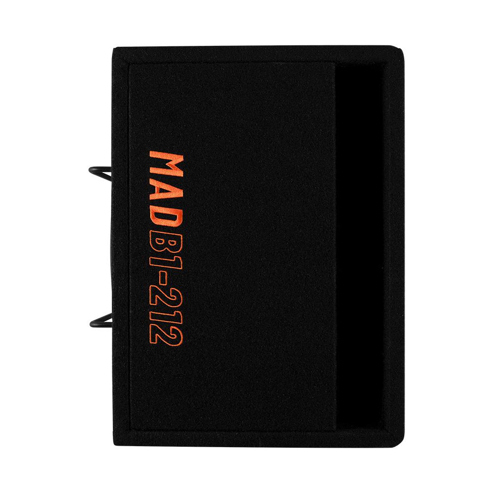 Svart baslåda för 2x12 tum högtalare med orange text.