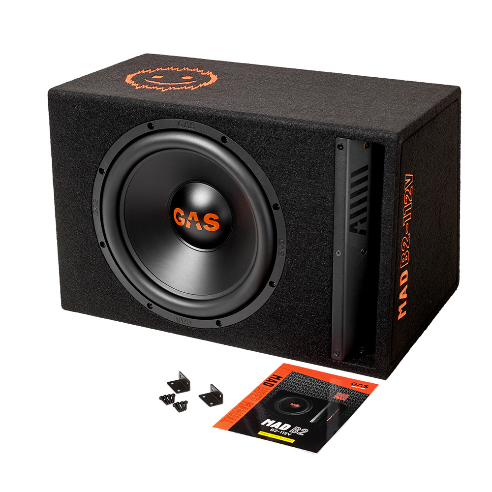 En svart baslåda med GAS-logotyp och en 12-tums högtalare.