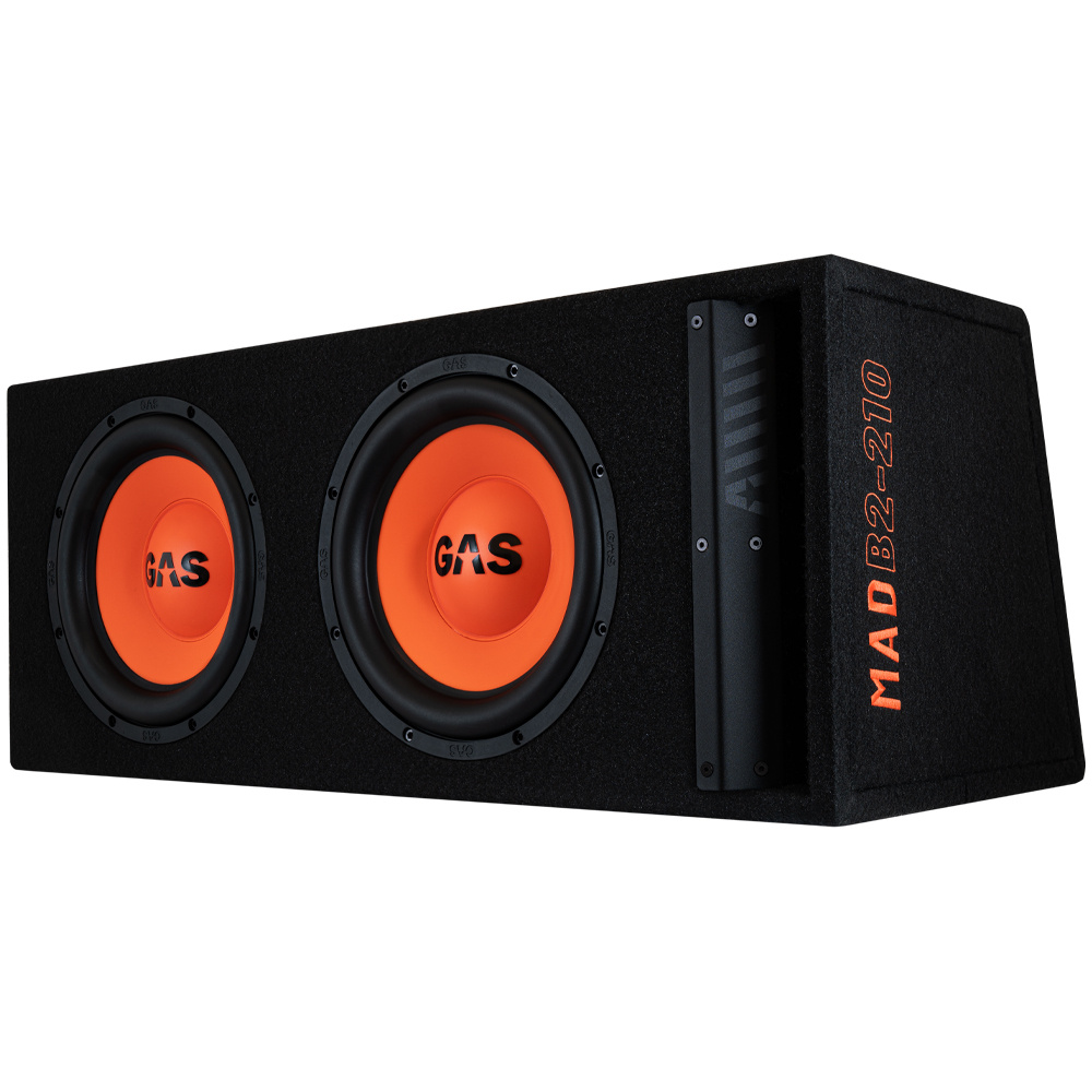 Två 10-tums basar i en låda, svart med orange detaljer.