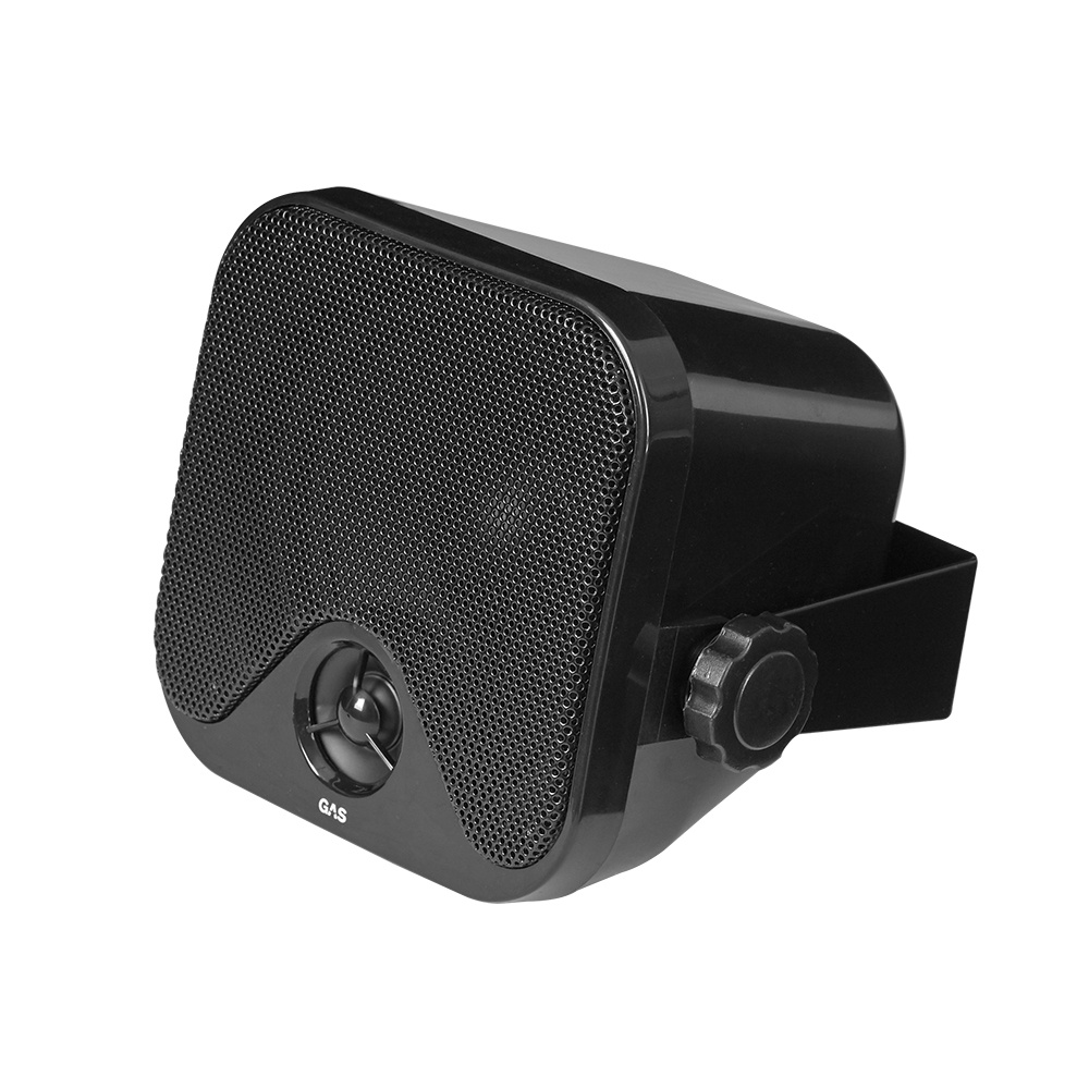 Svart 2-vägs lådhögtalare med grill och justerbar fäste.