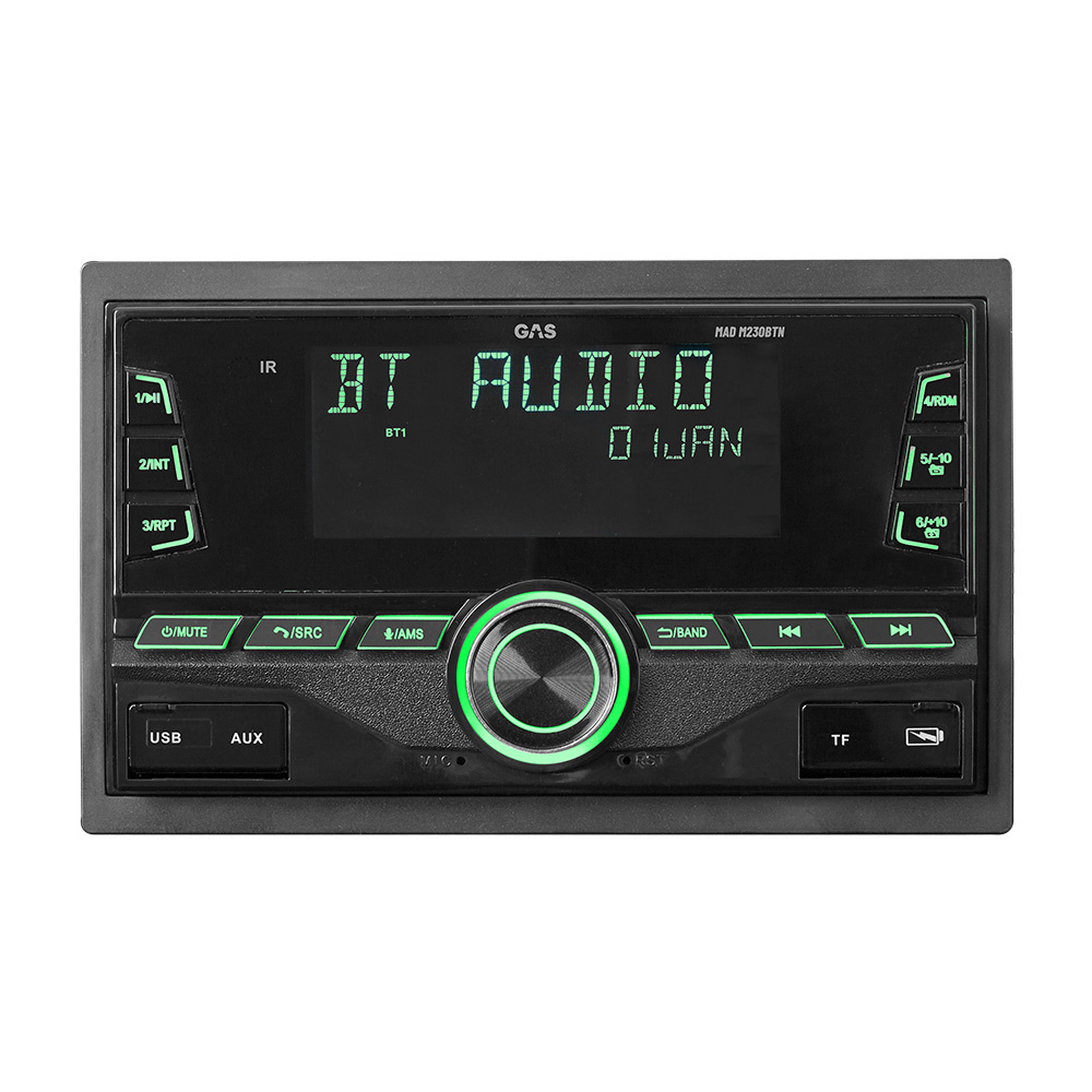 En bilstereo med dubbel-DIN, Bluetooth och flera anslutningar.