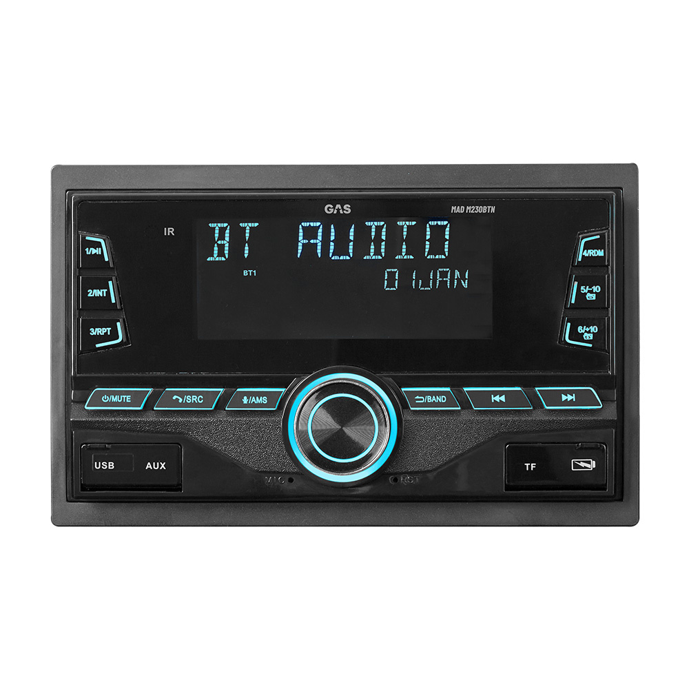 En bilstereo med dubbel-DIN, Bluetooth, DSP och flera anslutningar.