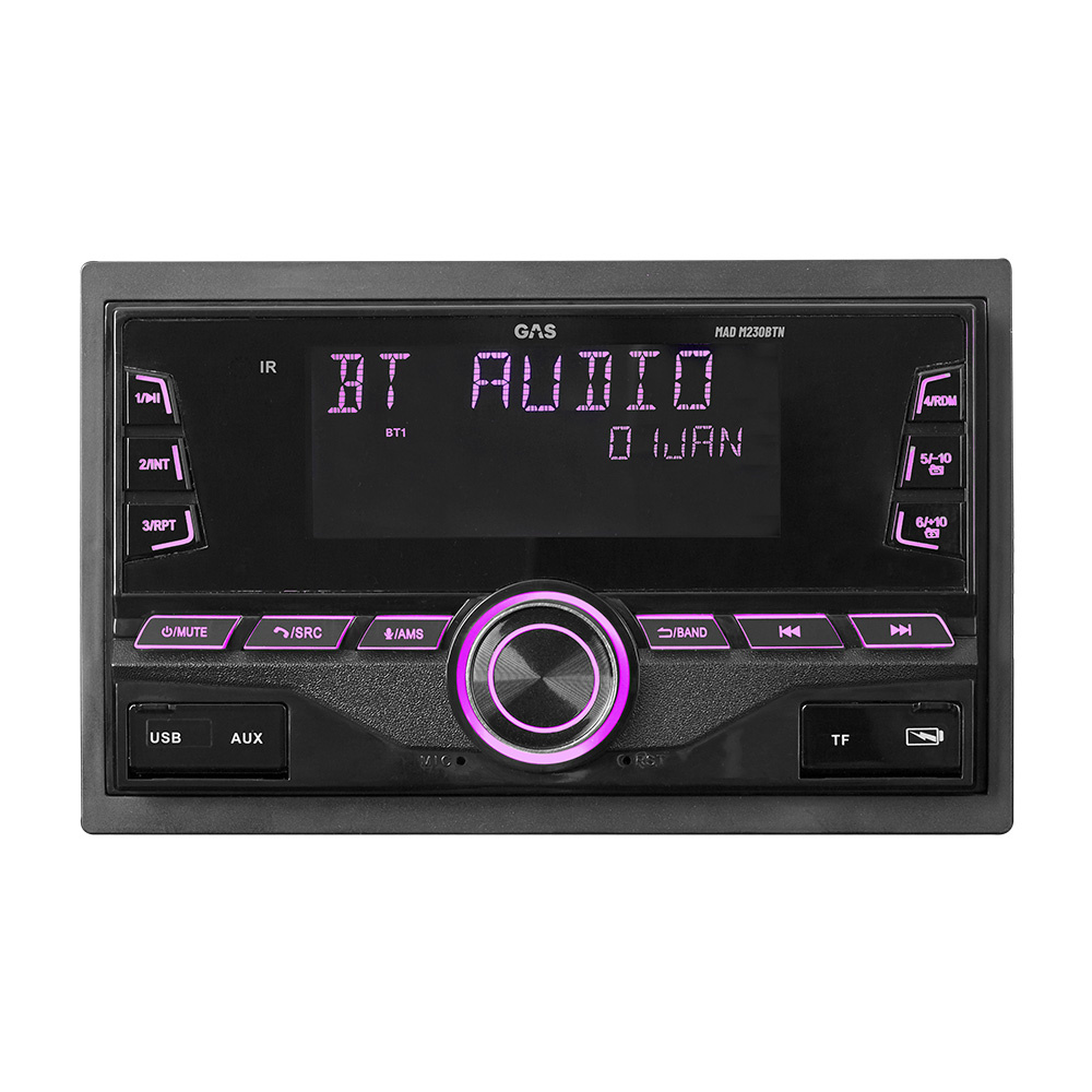 En bilstereomodul med Bluetooth, röd belysning och flera knappar.