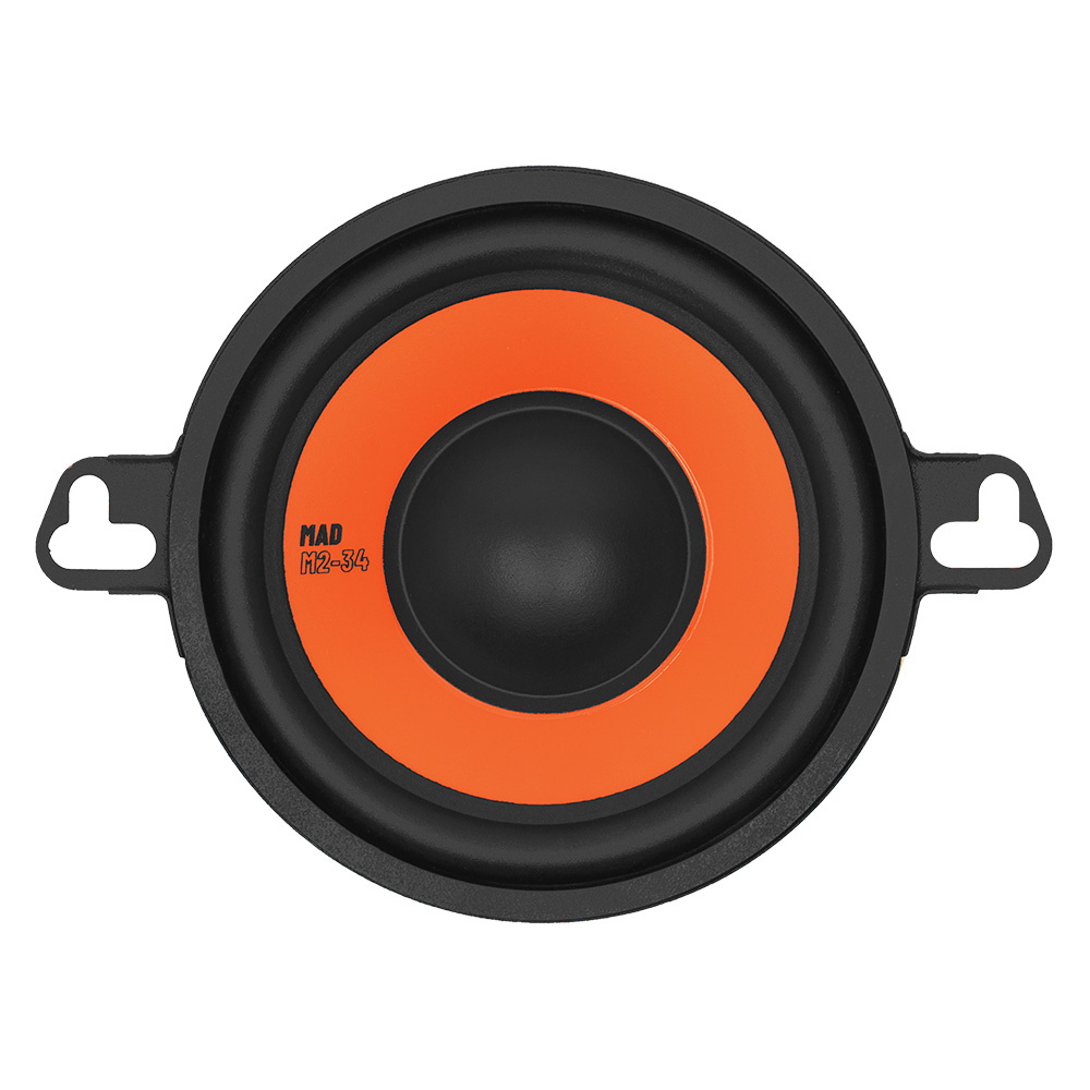 Mellanregisterhögtalare med svart och orange design, 3.5 tum.