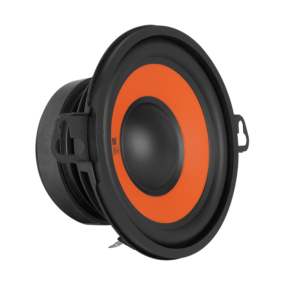 En rund högtalare med svart ram och orange mittdel.