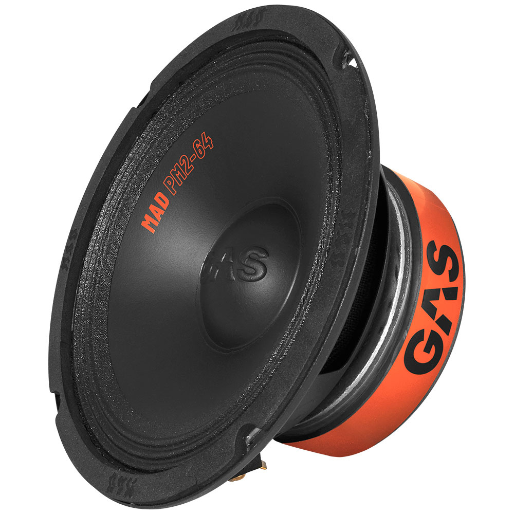 En 6,5 tums midbas högtalare med svart och orange design.