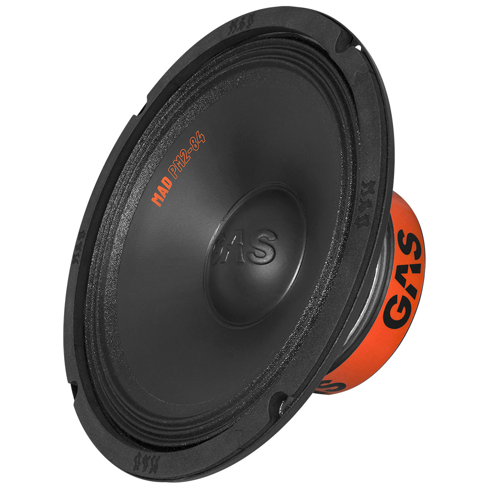 En 8-tums subwoofer med svart membran och orange detaljer.