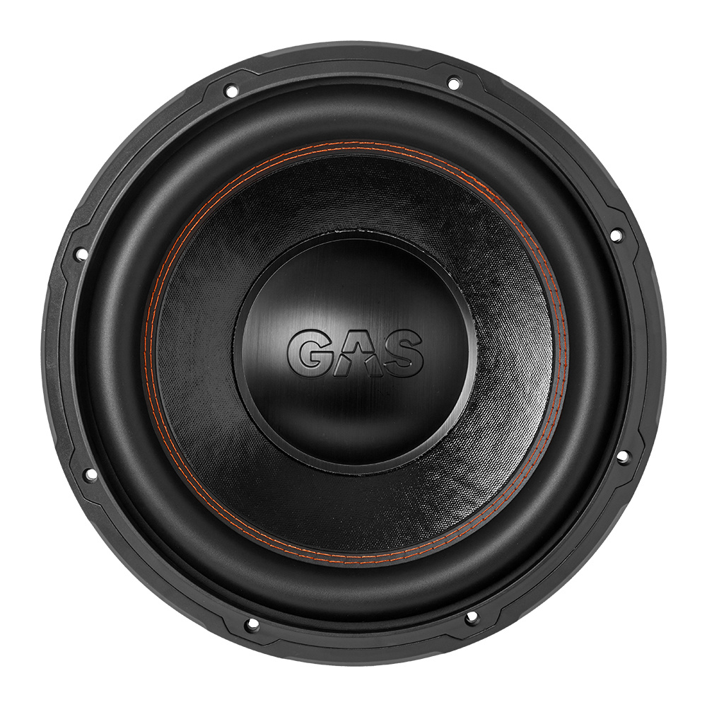 En rund subwoofer med svart yta och GAS-logotyp i mitten.