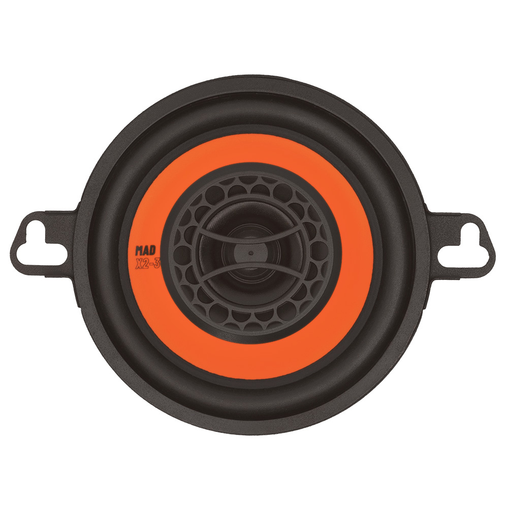 En svart och orange koaxialhögtalare med rund design.