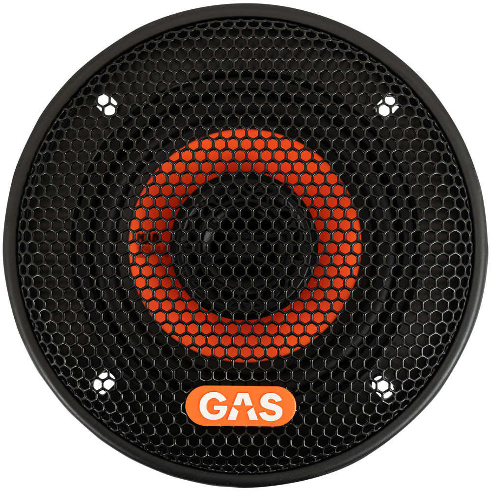 Svart koaxialhögtalare med en orange mittdel och metallgaller.