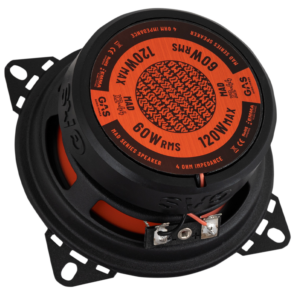 Koaxialhögtalare med svart och orange design, 4 tum, 120W max effekt.