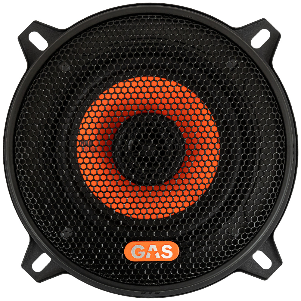 En koaxialhögtalare med svart galler och orange detalj.