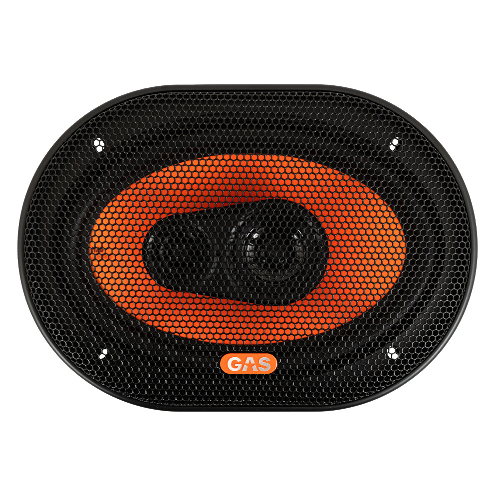 Koaxialhögtalare i svart och orange med nätfront.