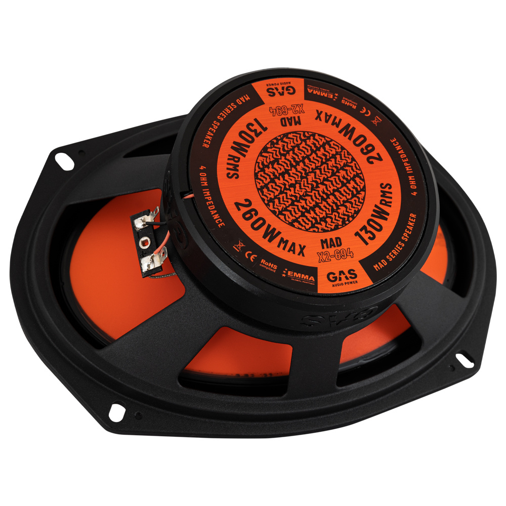 Koaxialhögtalare med svart och orange design, 6x9 tum, 260W maxeffekt.