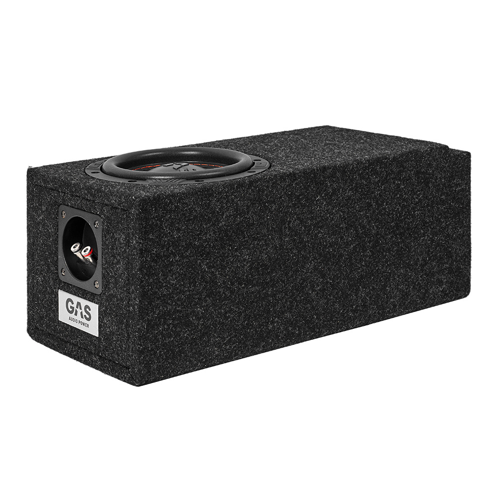 Baslåda med 6.5 tum element, designad för Vito och EQV, täckt med svart tyg.