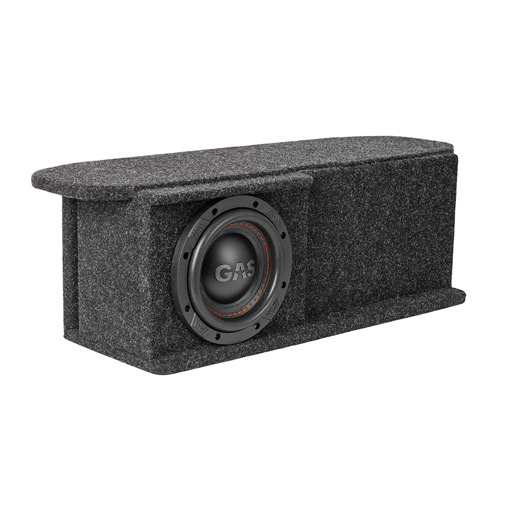 En svart baslåda med rund högtalare, designad för VW/Audi/Skoda.