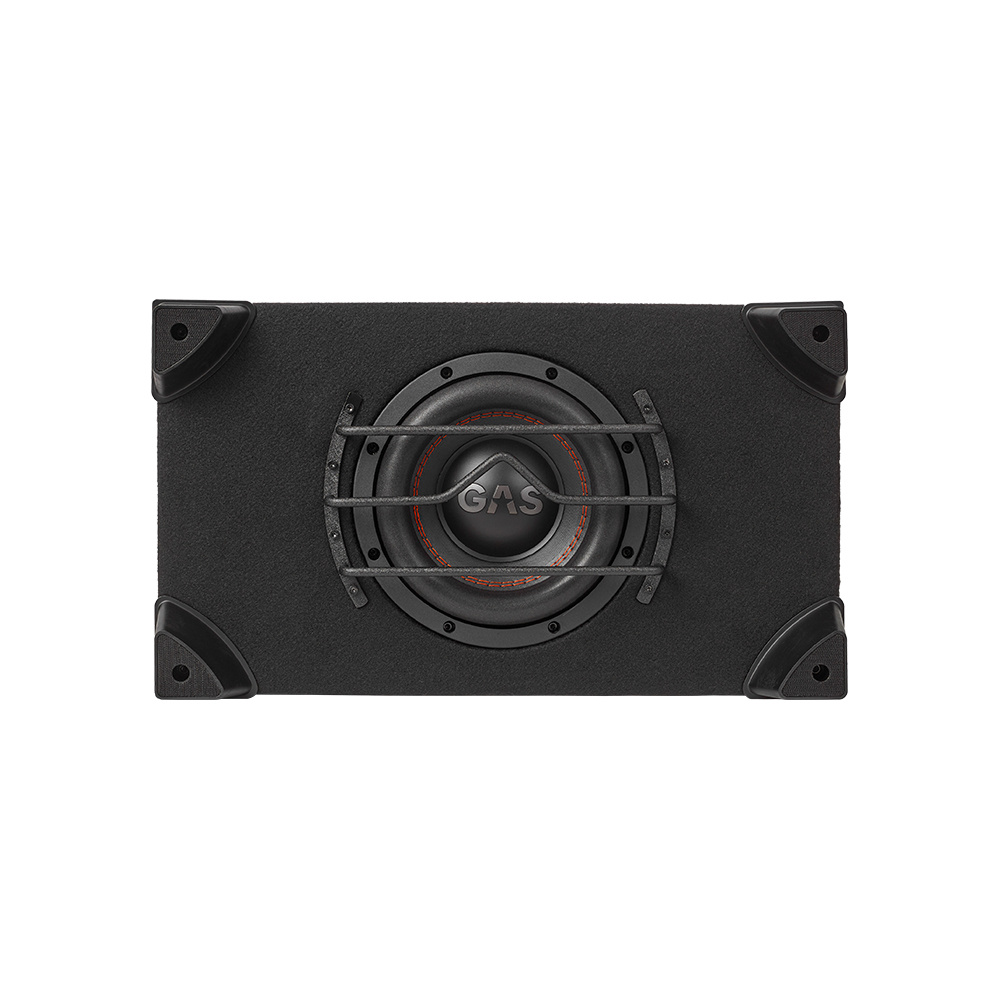 En svart basslåda med en 8-tums högtalare och skyddsnät.