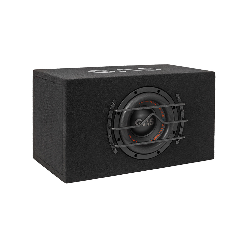 En svart baslåda med galler och en 8-tums högtalare.