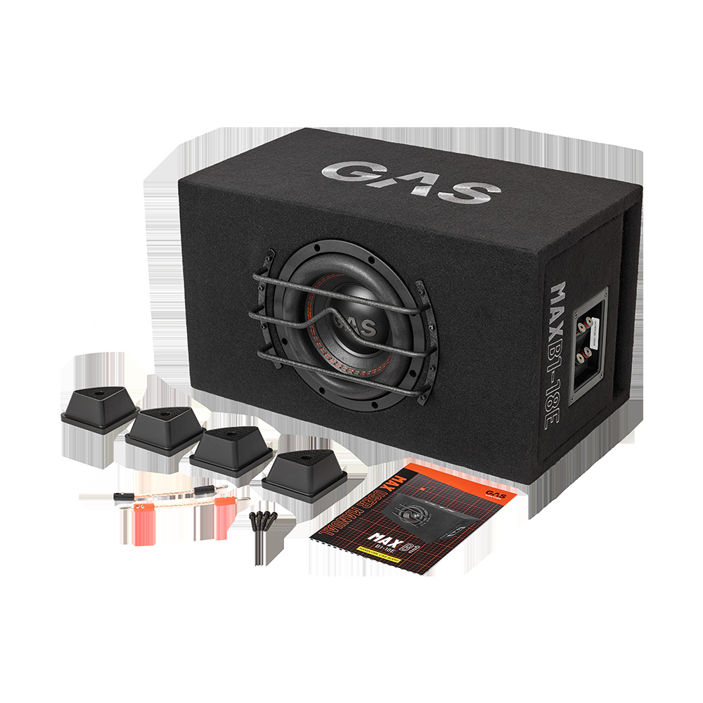 En svart baslåda med en 8-tums högtalare och tillbehör.