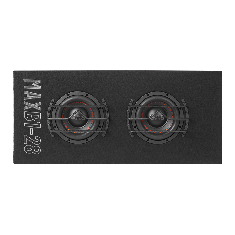 En svart baslåda med två stora högtalare och skyddande galler.