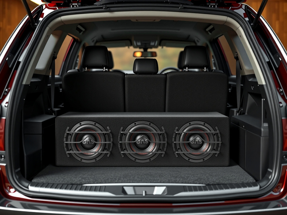 En svart baslåda med tre högtalare, märkt med GAS. Robust design för kraftfull ljudåtergivning.