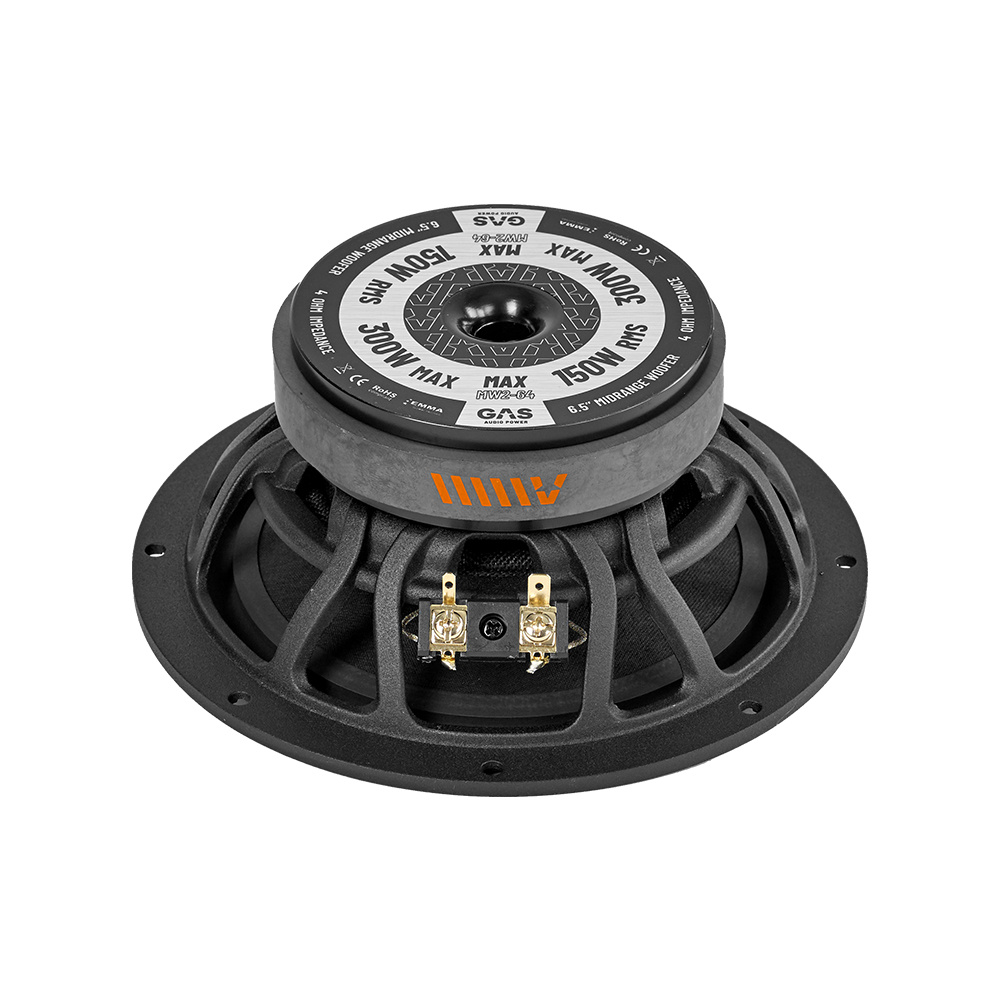 Högtalarset med svart nätgaller och metallram, designat för ljudsystem.