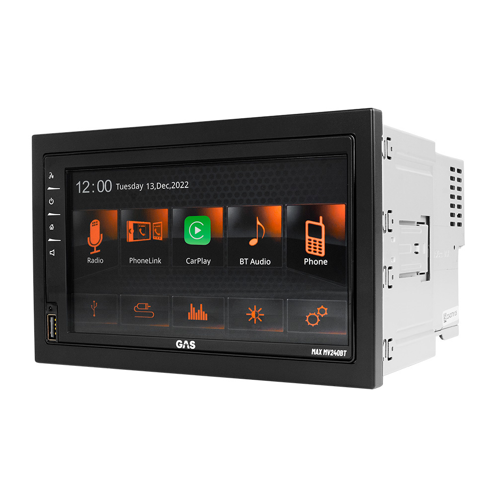 Bilstereo med stor pekskärm, Apple CarPlay, Bluetooth och handsfree-funktion.