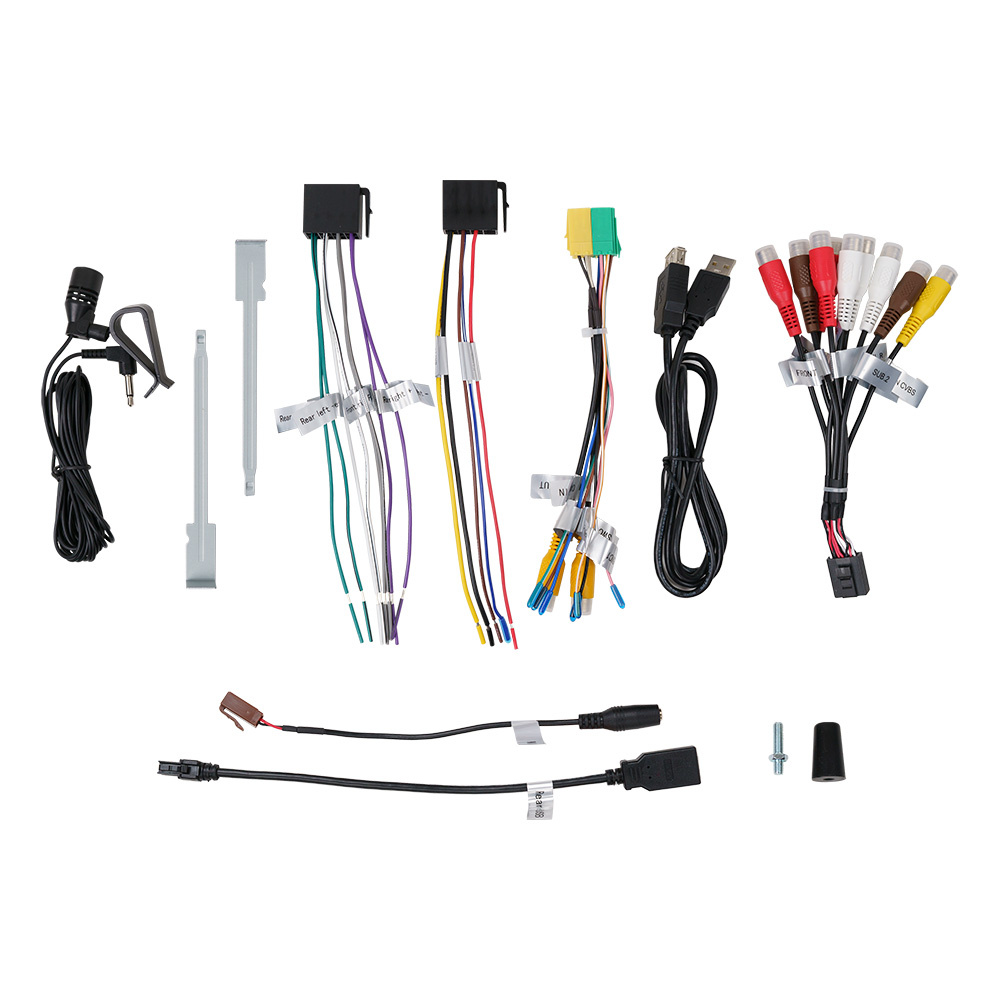 Kabelset för installation av bilstereo, inklusive anslutningar och tillbehör.