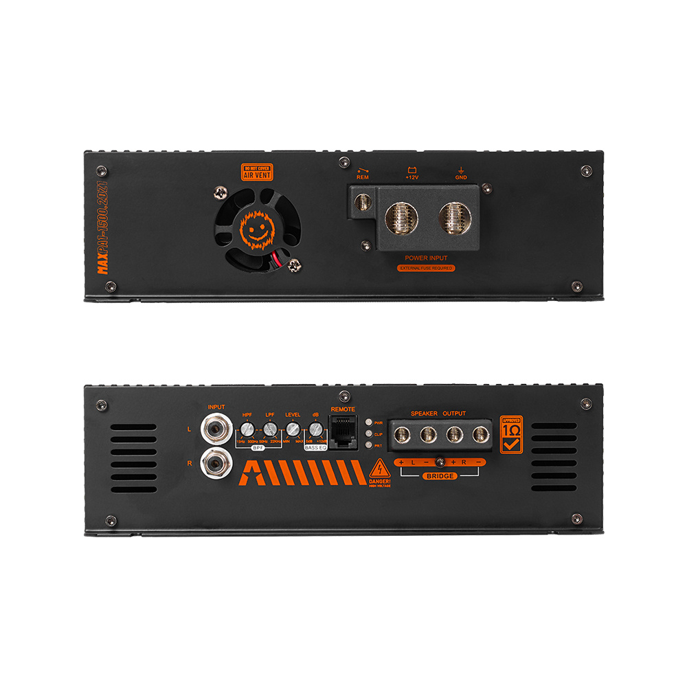 Kompakt tvåkanaligt fullregisterslutsteg med kontroller och anslutningar.