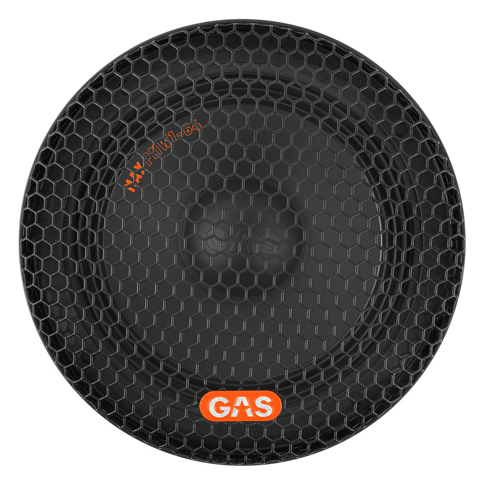 Svart bas/midbas med hexagonalt mönster och GAS-logotyp.